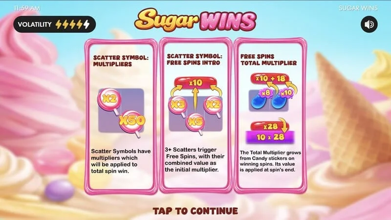 Sugar Wins - spelautomatens huvudmeny
